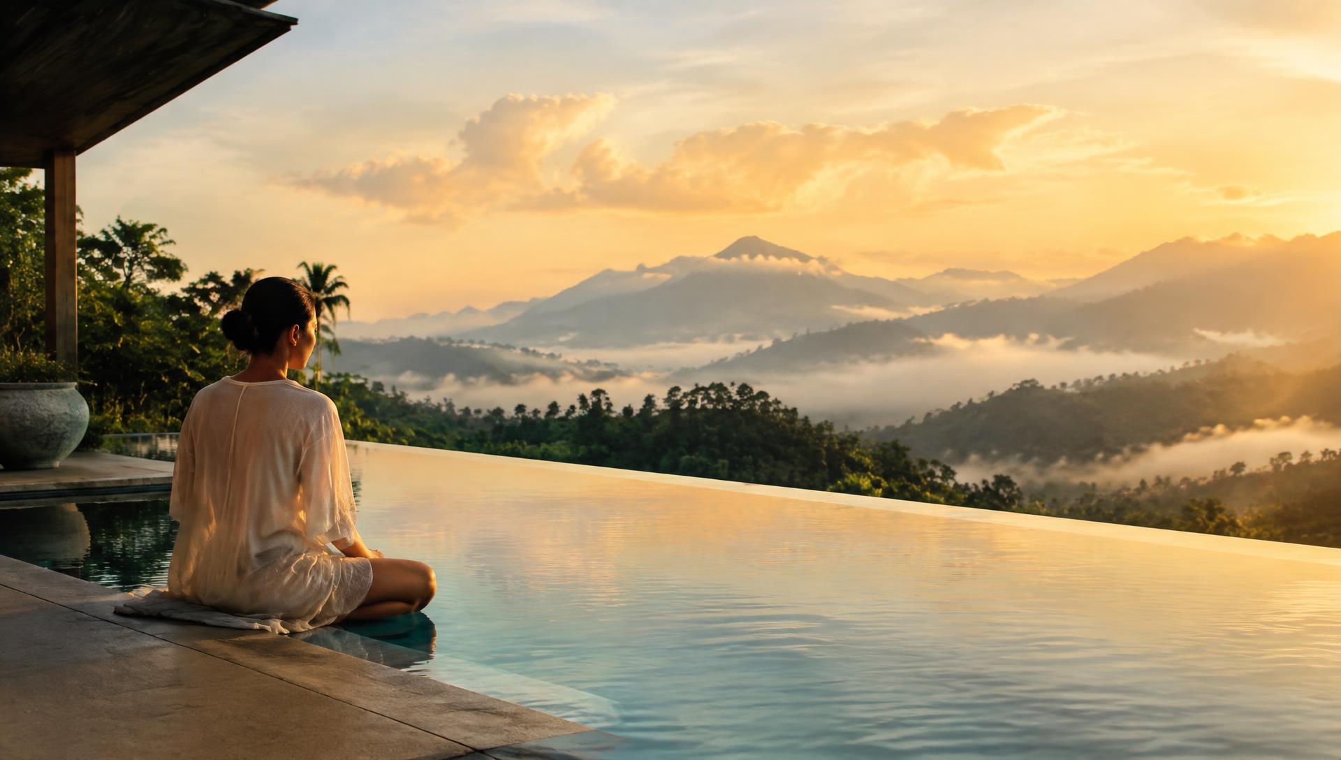Infinity pool overlooking misty mountains at sunrise
