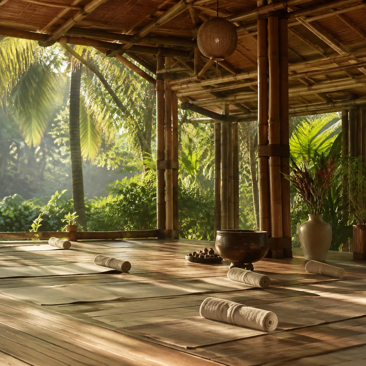 Open-air yoga pavilion in the jungle